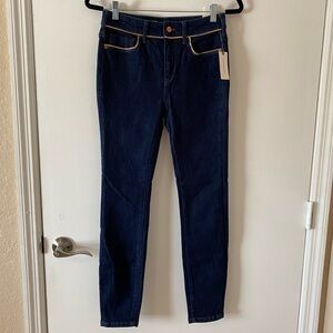 New Anthopologie Pilcro Metallic Stitch Gold-Trim Piping Jeans Blue Skinny Sz 26